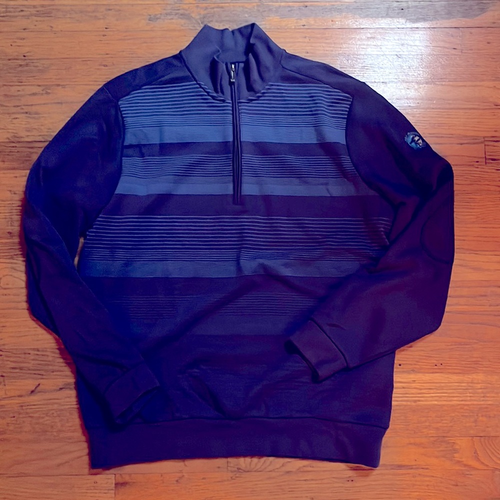 Men’s Medium Ashworth 3/4 zip sweater in Navy with stripes.